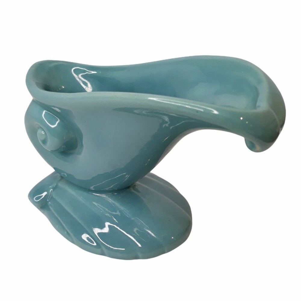 Vintage HAEGER Pottery Planter Blue Aqua Turquoise Clam Shell Wave Green Foil